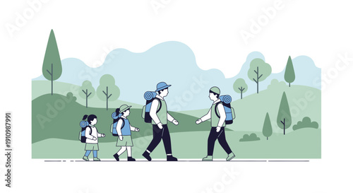 Family Hiking Adventure In A Serene Green Landscape