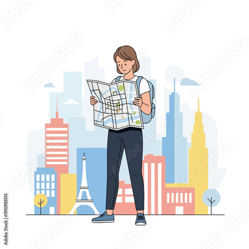Exploring A Vibrant Cityscape With A Tourist Holding A Map Looking For Directions
