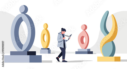 Exploring Abstract Sculptures At An Art Exhibition With A Guidebook