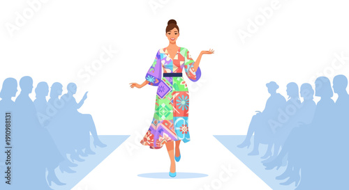 Fashionable Model Struts Down Runway Showcasing Vibrant Geometric Print Dress