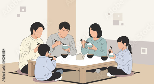 Family Mealtime Enjoyment Simple Minimalist Illustration Style