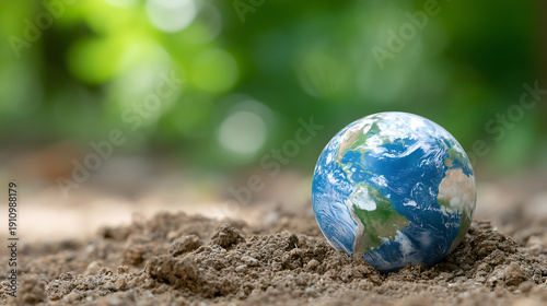 Small Earth Globe Resting on Soil Background