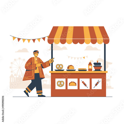 Festival Food Vendor Promotes Delicious Street Eats at Outdoor Market Stall