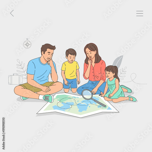 Family Planning Exciting Adventure Together Examining Map With Magnifying Glass