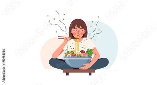 Enjoying A Delicious Bowl Of Noodles With Chopsticks