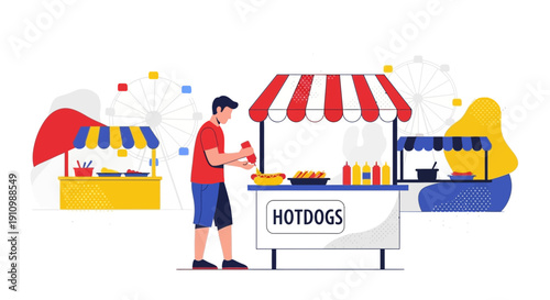 Fairground Hotdog Vendor Preparing Delicious Snack Amidst Ferris Wheel Ambiance