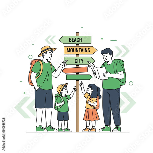 Family Adventure Choosing Destinations At A Crossroads Signpost