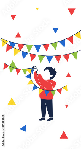 Festive Celebration Child Decorating With Colorful Bunting Flags