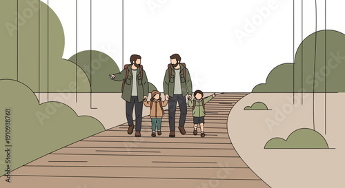 Family Adventure On A Wooden Pathway Through Nature