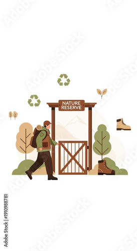 Entering Nature Reserve Gateway With Hiker And Backpack Exploring Outdoor