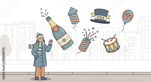 Festive Celebration Elements With Person Waving In Urban Setting