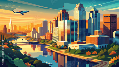 Very beautiful drone skyline aerial panorama of Austin, Texas, USA, featuring the Colorado River, modern skyscrapers, and the dynamic urban landscape of the Texas capital.