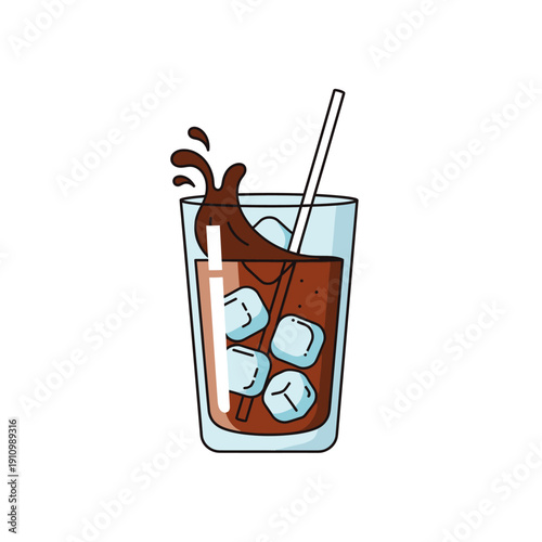 Refreshing Iced Coffee Splash with Ice Cubes and Straw in Tall Glass