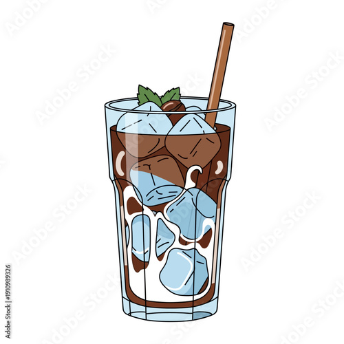 Refreshing Iced Coffee with Cream and Mint Leaves in a Tall Glass