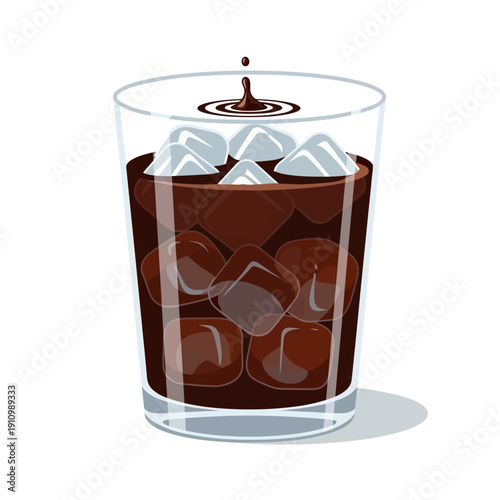 Refreshing iced coffee with ice cubes and a drop falling into the glass