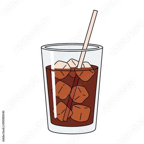 Refreshing iced coffee with ice cubes and straw in a clear glass, close-up studio shot