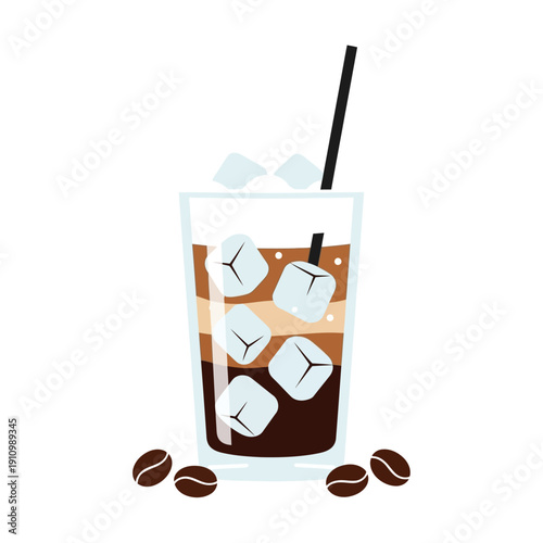 Refreshing Iced Coffee with Ice Cubes and Coffee Beans