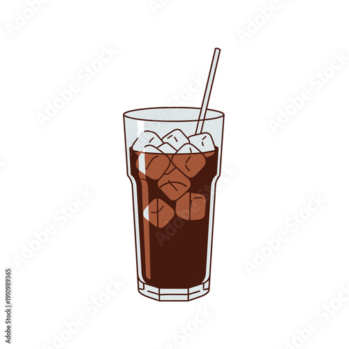 Refreshing iced coffee with ice cubes and straw in a tall glass, isolated on white background.