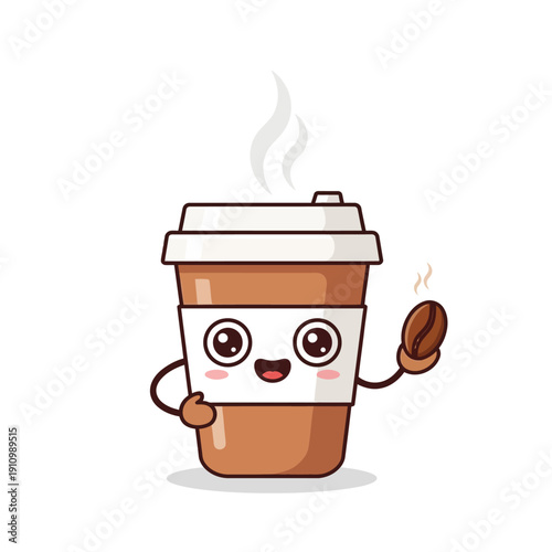 Cute Kawaii Coffee Cup Character Holding Coffee Bean, Steaming Hot Drink