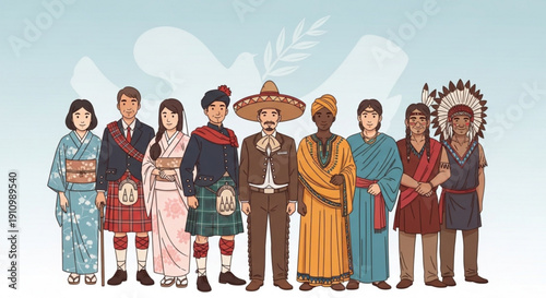 Diverse people in traditional cultural clothing standing together