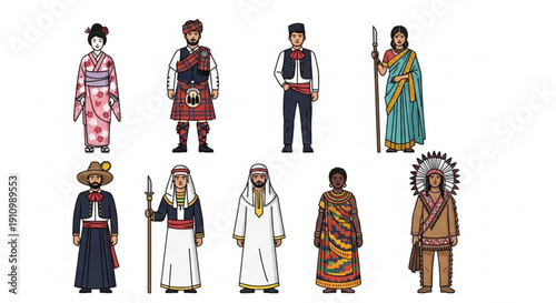 Diverse people in traditional cultural clothing from around world standing in rows on white