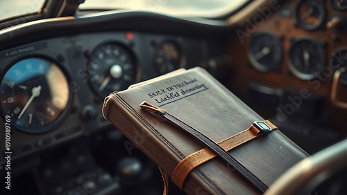 logbook. A vintage aircraft cockpit with a flight logbook next to classic dial instruments. mobility guides, transit brochures, designed for transport & logistics marketing.
