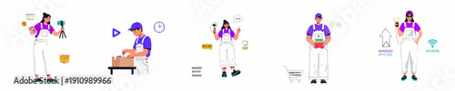 Modern vector characters illustrating e-commerce workflow: delivery, packaging, vlogging, customer feedback, and online business solutions.