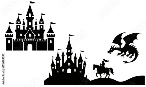 Medieval fantasy scene with castle silhouettes knight on horse and dragon  mythical creatures and architecture