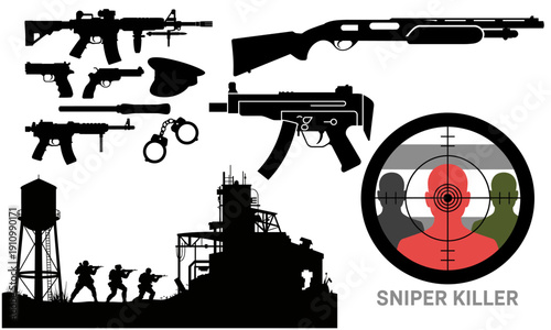 Sniper killer with guns and silhouettes of soldiers and a water tower on a plain background