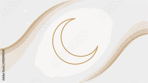 Modern aesthetic crescent moon symbol with soft beige flowing waves background
