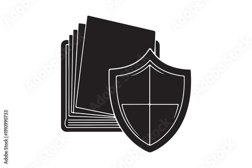 Minimalist Book Stack Silhouette Icon with Security Shield Vector Illustration