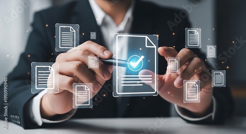 Businessman interacting with digital document and checkmark on transparent screen for approval verification
