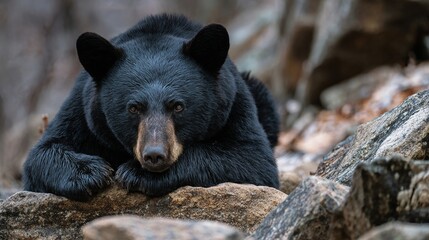 A black bear rests on a rocky outcropping in a serene natural setting