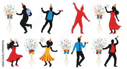 Dancing Couples Celebrating with Party Poppers.