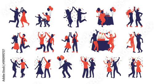 Dancing Couples Celebrating with Red Balloons.