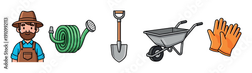 Gardening tools and farmer character icon set featuring a hose, shovel, wheelbarrow, and gloves in a simple cartoon illustration style for farming or agricultural concepts