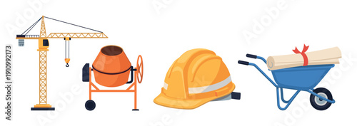 Collection of construction equipment icons including a tower crane, concrete mixer, hard hat, and wheelbarrow with blueprints, presented in a clean flat vector illustration style