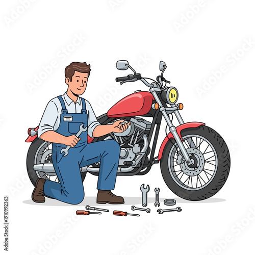 Mechanic repairing a red motorcycle with tools on the floor, skilled worker in overalls