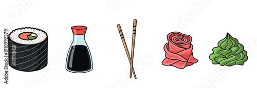 Colorful cartoon illustration set of sushi elements including a maki roll, soy sauce, chopsticks, pickled ginger, and wasabi, presented in a simple, clean graphic style