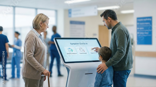 People using symptom check-in kiosk in hospital lobby. Patient triage, telehealth kiosk, modern healthcare technology. 