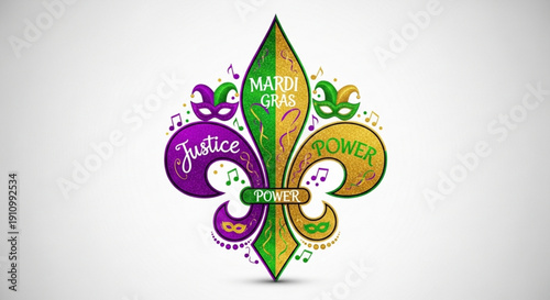 Mardi gras fleur de lis symbol with masks and words