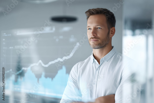 Confident businessman analyzing financial data in modern office environment