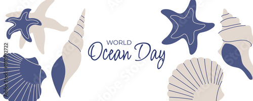 World Ocean Day Background with Sea Shells and Starfish illustration