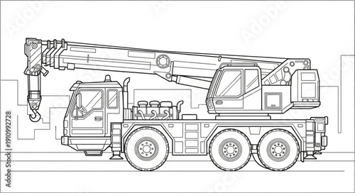 Crane Truck Technical Line Drawing.