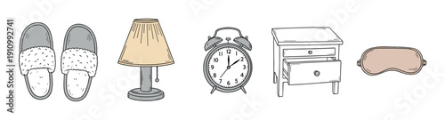Hand-drawn set of bedroom accessories including cozy slippers, a table lamp, a classic alarm clock, a nightstand, and a sleep mask in a simple doodle illustration style