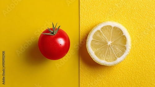 A vibrant and colorful still life of a tomato and lemon on a yellow background