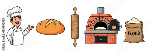 Set of cartoon baking illustrations featuring a friendly chef, a loaf of bread, a rolling pin, a brick oven with fire, and a sack of flour in a simple, clean style
