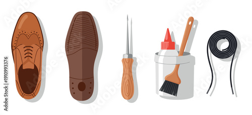 Shoemaking tools and a classic brown brogue shoe including a sole, awl, glue, and rubber welt are arranged in a row, representing the craft of a cobbler and footwear repair