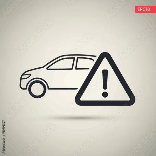 Simple Outline Icon of a Car Next to a Yellow Warning Sign with Exclamation Mark on a Gradient Grey Background