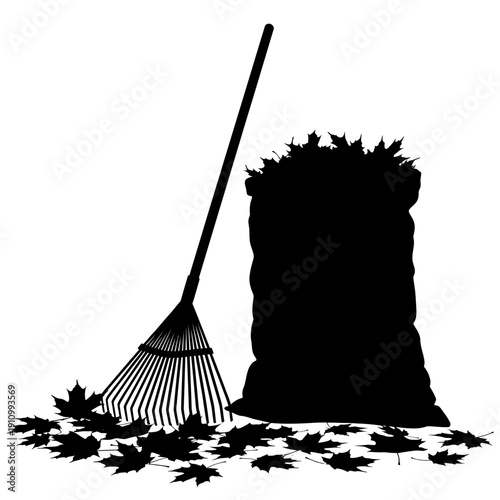 Silhouette of a Garden Rake and a Bag of Raked Autumn Leaves with Scattered Foliage